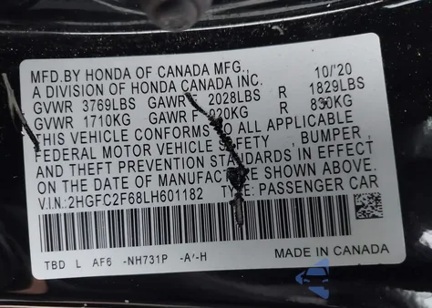 2020 Honda Civic Lx из США, поврежденный, VIN 2HGFC2F68LH601182